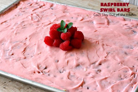 Raspberry Swirl Bars | Can't Stay Out of the Kitchen | these luscious #cookies contain #RaspberryPieFilling & have a #Raspberry #CreamCheese icing. Great #dessert for #holidays or company. #tailgating #RaspberryDessert #RaspberrySwirlBars