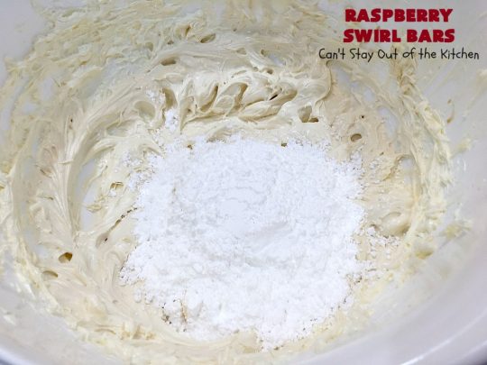Raspberry Swirl Bars | Can't Stay Out of the Kitchen | these luscious #cookies contain #RaspberryPieFilling & have a #Raspberry #CreamCheese icing. Great #dessert for #holidays or company. #tailgating #RaspberryDessert #RaspberrySwirlBars