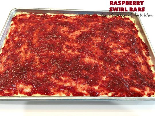 Raspberry Swirl Bars | Can't Stay Out of the Kitchen | these luscious #cookies contain #RaspberryPieFilling & have a #Raspberry #CreamCheese icing. Great #dessert for #holidays or company. #tailgating #RaspberryDessert #RaspberrySwirlBars