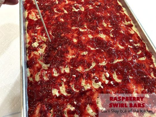 Raspberry Swirl Bars | Can't Stay Out of the Kitchen | these luscious #cookies contain #RaspberryPieFilling & have a #Raspberry #CreamCheese icing. Great #dessert for #holidays or company. #tailgating #RaspberryDessert #RaspberrySwirlBars