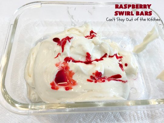Raspberry Swirl Bars | Can't Stay Out of the Kitchen | these luscious #cookies contain #RaspberryPieFilling & have a #Raspberry #CreamCheese icing. Great #dessert for #holidays or company. #tailgating #RaspberryDessert #RaspberrySwirlBars