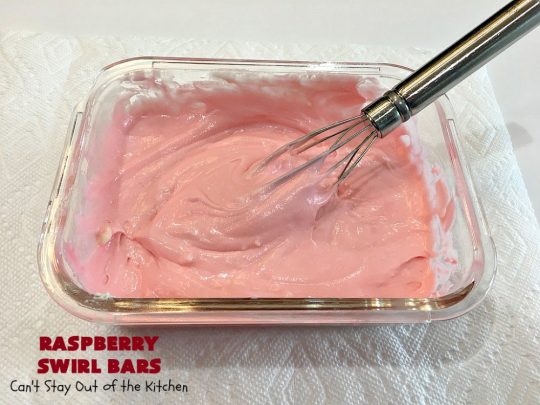 Raspberry Swirl Bars | Can't Stay Out of the Kitchen | these luscious #cookies contain #RaspberryPieFilling & have a #Raspberry #CreamCheese icing. Great #dessert for #holidays or company. #tailgating #RaspberryDessert #RaspberrySwirlBars