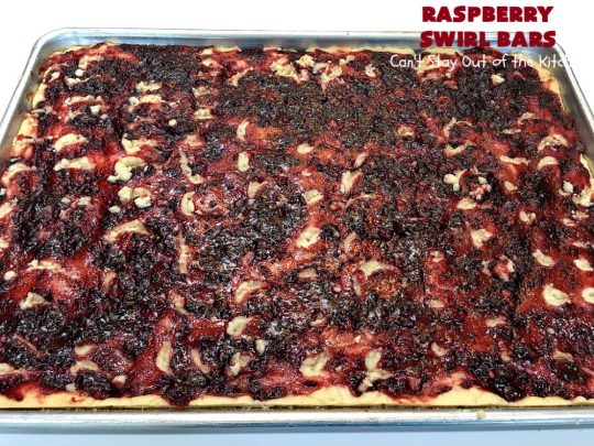 Raspberry Swirl Bars | Can't Stay Out of the Kitchen | these luscious #cookies contain #RaspberryPieFilling & have a #Raspberry #CreamCheese icing. Great #dessert for #holidays or company. #tailgating #RaspberryDessert #RaspberrySwirlBars