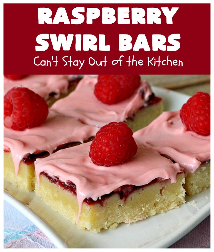 Raspberry Swirl Bars | Can't Stay Out of the Kitchen | these luscious #cookies contain #RaspberryPieFilling & have a #Raspberry #CreamCheese icing. Great #dessert for #holidays or company. #tailgating #RaspberryDessert #RaspberrySwirlBars