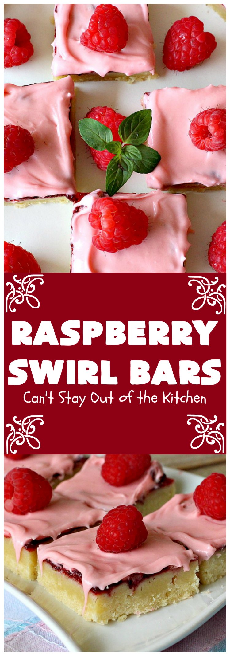 Raspberry Swirl Bars | Can't Stay Out of the Kitchen | these luscious #cookies contain #RaspberryPieFilling & have a #Raspberry #CreamCheese icing. Great #dessert for #holidays or company. #tailgating #RaspberryDessert #RaspberrySwirlBars