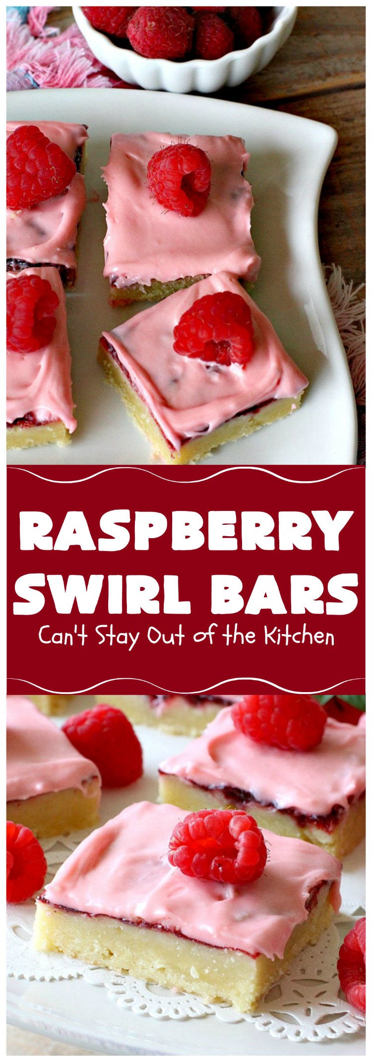 Raspberry Swirl Bars | Can't Stay Out of the Kitchen | these luscious #cookies contain #RaspberryPieFilling & have a #Raspberry #CreamCheese icing. Great #dessert for #holidays or company. #tailgating #RaspberryDessert #RaspberrySwirlBars