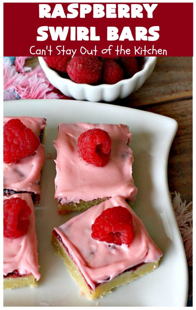 Raspberry Swirl Bars | Can't Stay Out of the Kitchen | these luscious #cookies contain #RaspberryPieFilling & have a #Raspberry #CreamCheese icing. Great #dessert for #holidays or company. #tailgating #RaspberryDessert #RaspberrySwirlBars