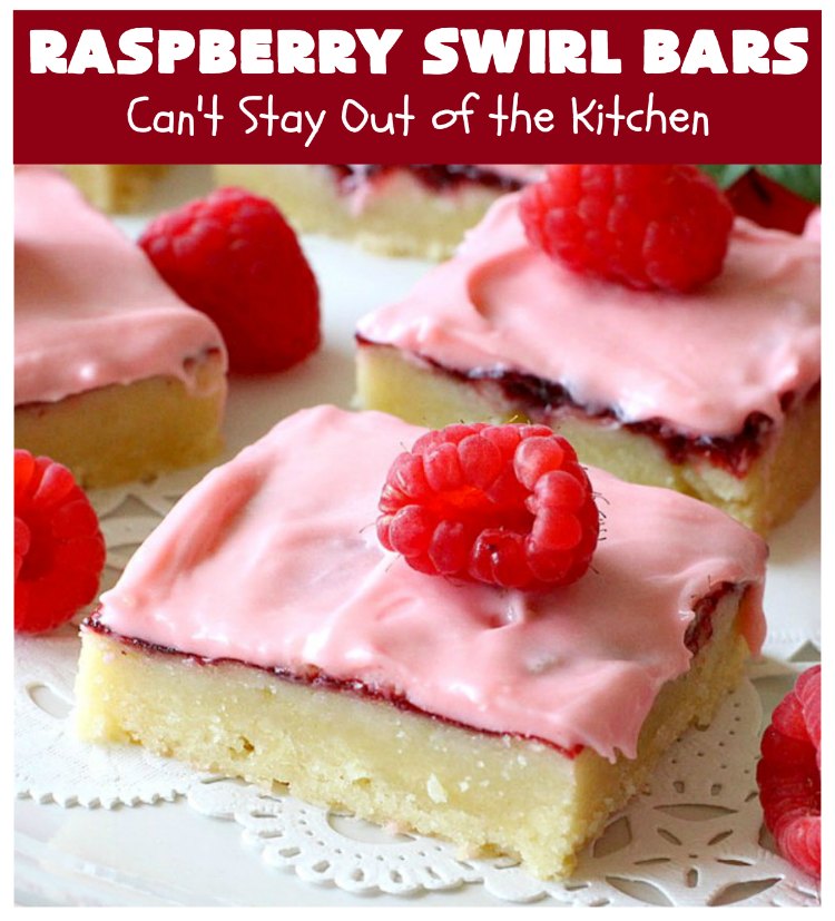 Raspberry Swirl Bars | Can't Stay Out of the Kitchen | these luscious #cookies contain #RaspberryPieFilling & have a #Raspberry #CreamCheese icing. Great #dessert for #holidays or company. #tailgating #RaspberryDessert #RaspberrySwirlBars