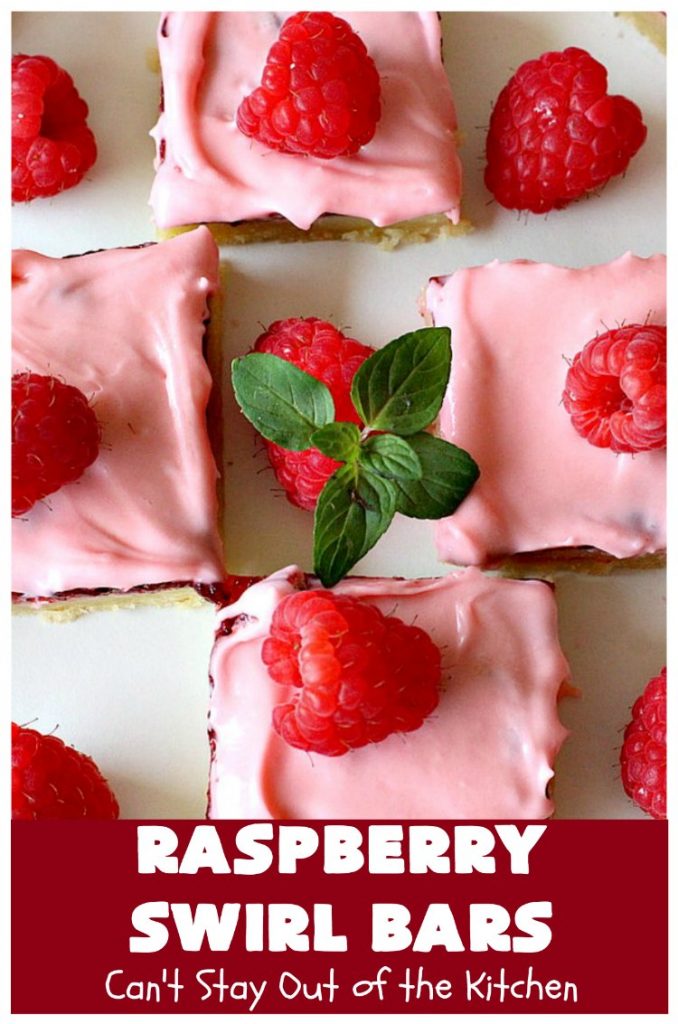 Raspberry Swirl Bars | Can't Stay Out of the Kitchen | these luscious #cookies contain #RaspberryPieFilling & have a #Raspberry #CreamCheese icing. Great #dessert for #holidays or company. #tailgating #RaspberryDessert #RaspberrySwirlBars