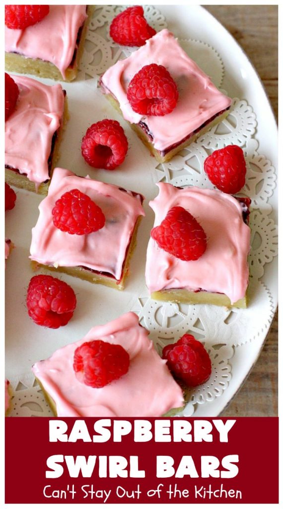 Raspberry Swirl Bars | Can't Stay Out of the Kitchen | these luscious #cookies contain #RaspberryPieFilling & have a #Raspberry #CreamCheese icing. Great #dessert for #holidays or company. #tailgating #RaspberryDessert #RaspberrySwirlBars