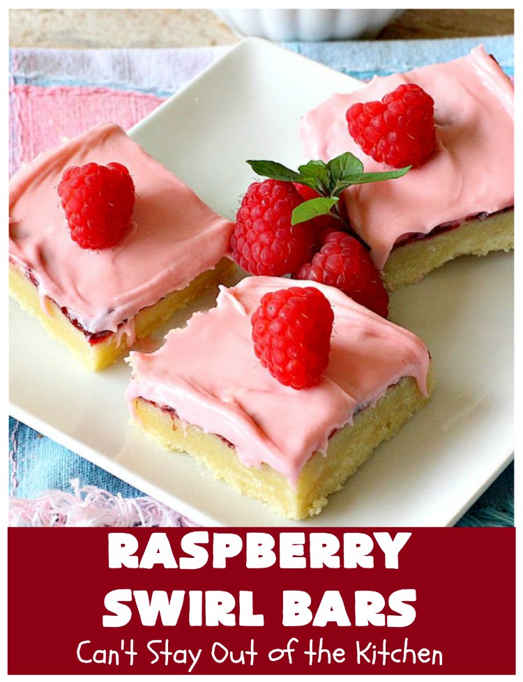 Raspberry Swirl Bars | Can't Stay Out of the Kitchen | these luscious #cookies contain #RaspberryPieFilling & have a #Raspberry #CreamCheese icing. Great #dessert for #holidays or company. #tailgating #RaspberryDessert #RaspberrySwirlBars