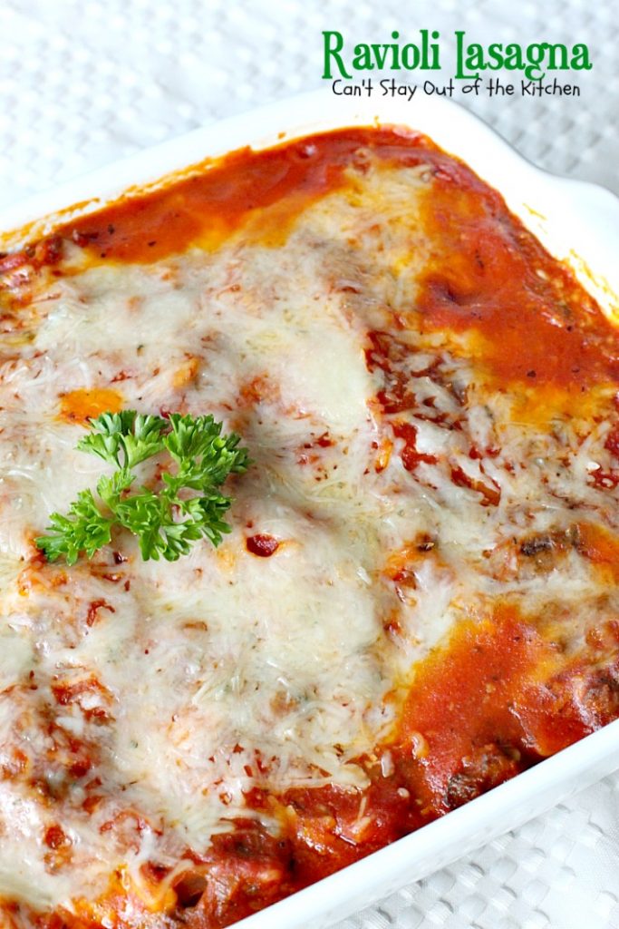Ravioli Lasagna | Can't Stay Out of the Kitchen | this amazing #lasagna is SOOO quick and easy to make. It uses #beef or cheese #ravioli and #spaghettisauce making it so effortless on weeknights when you don't have a lot of time to prepare a meal. #pasta