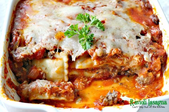 Ravioli Lasagna | Can't Stay Out of the Kitchen | this amazing #lasagna is SOOO quick and easy to make. It uses #beef or cheese #ravioli and #spaghettisauce making it so effortless on weeknights when you don't have a lot of time to prepare a meal. #pasta