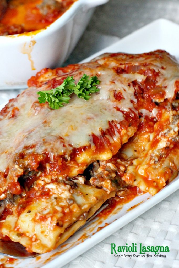 Ravioli Lasagna | Can't Stay Out of the Kitchen | this amazing #lasagna is SOOO quick and easy to make. It uses #beef or cheese #ravioli and #spaghettisauce making it so effortless on weeknights when you don't have a lot of time to prepare a meal. #pasta