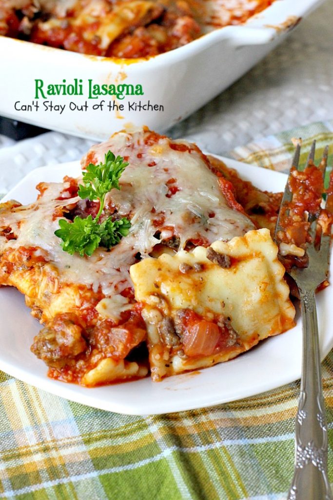 Ravioli Lasagna | Can't Stay Out of the Kitchen | this amazing #lasagna is SOOO quick and easy to make. It uses #beef or cheese #ravioli and #spaghettisauce making it so effortless on weeknights when you don't have a lot of time to prepare a meal. #pasta