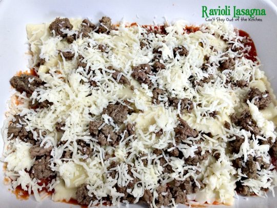 Ravioli Lasagna | Can't Stay Out of the Kitchen | this amazing #lasagna is SOOO quick and easy to make. It uses #beef or cheese #ravioli and #spaghettisauce making it so effortless on weeknights when you don't have a lot of time to prepare a meal. #pasta