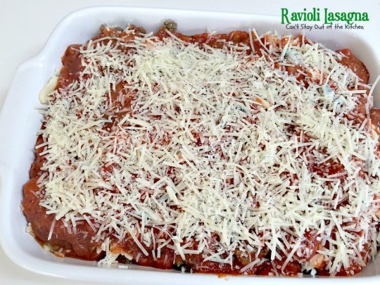 Ravioli Lasagna | Can't Stay Out of the Kitchen | this amazing #lasagna is SOOO quick and easy to make. It uses #beef or cheese #ravioli and #spaghettisauce making it so effortless on weeknights when you don't have a lot of time to prepare a meal. #pasta