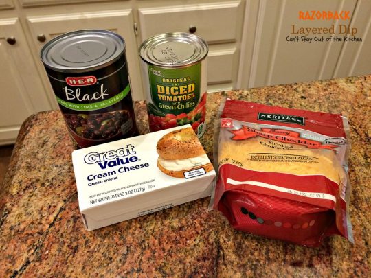 Razorback Layered Dip | Can't Stay Out of the Kitchen | this amazing #Tex-Mex #appetizer has only 4 ingredients. Quick, easy, sensational! #cheese #glutenfree #blackbeans