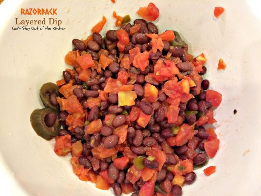 Razorback Layered Dip | Can't Stay Out of the Kitchen | this amazing #Tex-Mex #appetizer has only 4 ingredients. Quick, easy, sensational! #cheese #glutenfree #blackbeans