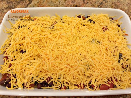 Razorback Layered Dip | Can't Stay Out of the Kitchen | this amazing #Tex-Mex #appetizer has only 4 ingredients. Quick, easy, sensational! #cheese #glutenfree #blackbeans
