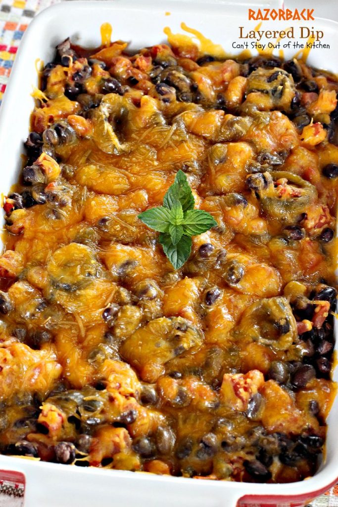 Razorback Layered Dip | Can't Stay Out of the Kitchen | this amazing #Tex-Mex #appetizer has only 4 ingredients. Quick, easy, sensational! #cheese #glutenfree #blackbeans