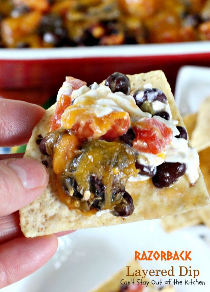 Razorback Layered Dip | Can't Stay Out of the Kitchen | this amazing #Tex-Mex #appetizer has only 4 ingredients. Quick, easy, sensational! #cheese #glutenfree #blackbeans