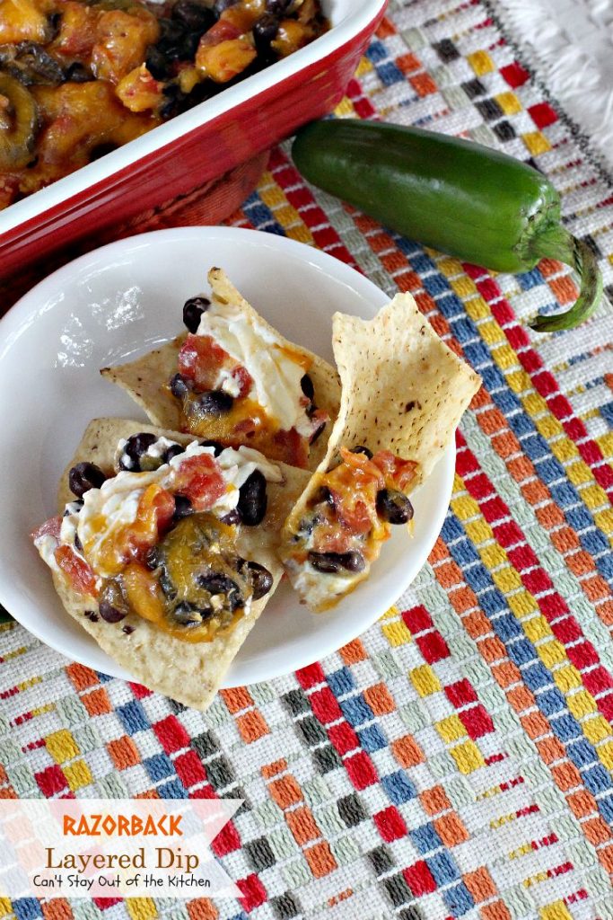 Razorback Layered Dip | Can't Stay Out of the Kitchen | this amazing #Tex-Mex #appetizer has only 4 ingredients. Quick, easy, sensational! #cheese #glutenfree #blackbeans