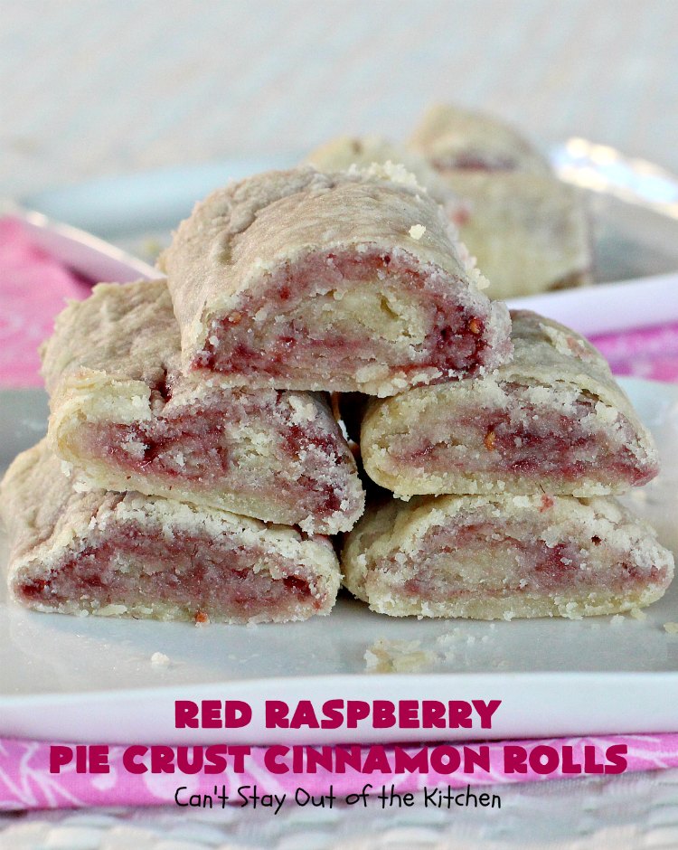 Red Raspberry Pie Crust Cinnamon Rolls | Can't Stay Out of the Kitchen | These #CinnamonRolls are awesome! My brothers and I would fight over them growing up. Homemade Pie Crust is filled with #RedRaspberryJam & sprinkled with cinnamon & sugar. These treats just dissolve in your mouth. Great for a #holiday #breakfast or for a snack any time--day or night! #Christmas #RedRaspberryPieCrustCinnamonRolls #brunch #HolidayBreakfast