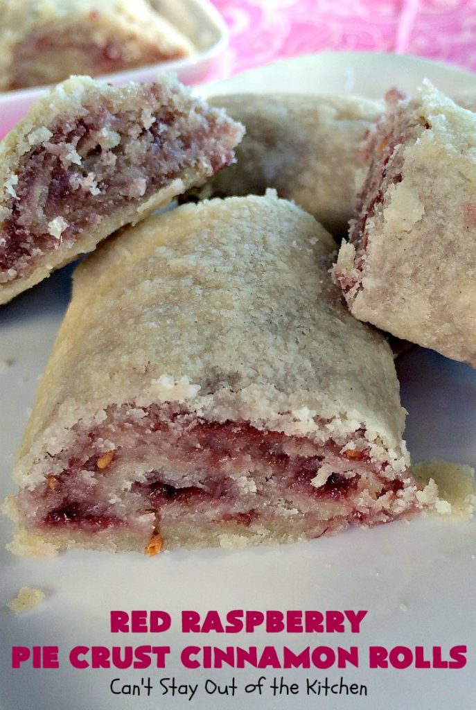 Red Raspberry Pie Crust Cinnamon Rolls | Can't Stay Out of the Kitchen | These #CinnamonRolls are awesome! My brothers and I would fight over them growing up. Homemade Pie Crust is filled with #RedRaspberryJam & sprinkled with cinnamon & sugar. These treats just dissolve in your mouth. Great for a #holiday #breakfast or for a snack any time--day or night! #Christmas #RedRaspberryPieCrustCinnamonRolls #brunch #HolidayBreakfast