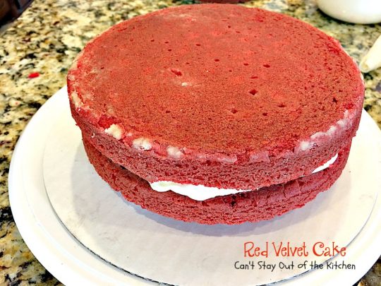 Red Velvet Cake | Can't Stay Out of the Kitchen | our favorite #RedVelvetCake recipe. This one has a luscious #creamcheese icing. Fabulous for anniversaries, #holidays or #Valentine'sDay. #cake #dessert #chocolate