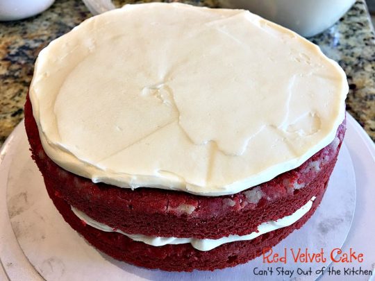 Red Velvet Cake | Can't Stay Out of the Kitchen | our favorite #RedVelvetCake recipe. This one has a luscious #creamcheese icing. Fabulous for anniversaries, #holidays or #Valentine'sDay. #cake #dessert #chocolate