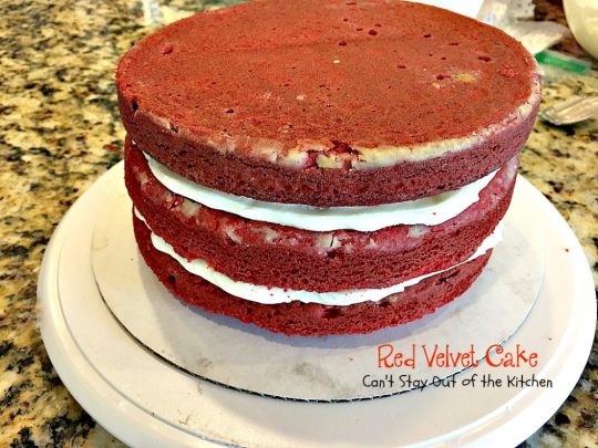 Red Velvet Cake | Can't Stay Out of the Kitchen | our favorite #RedVelvetCake recipe. This one has a luscious #creamcheese icing. Fabulous for anniversaries, #holidays or #Valentine'sDay. #cake #dessert #chocolate