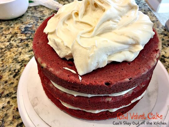Red Velvet Cake | Can't Stay Out of the Kitchen | our favorite #RedVelvetCake recipe. This one has a luscious #creamcheese icing. Fabulous for anniversaries, #holidays or #Valentine'sDay. #cake #dessert #chocolate