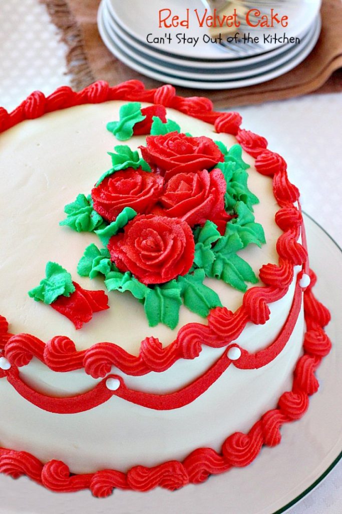 Red Velvet Cake | Can't Stay Out of the Kitchen | our favorite #RedVelvetCake recipe. This one has a luscious #creamcheese icing. Fabulous for anniversaries, #holidays or #Valentine'sDay. #cake #dessert #chocolate