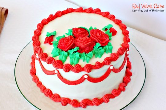 Red Velvet Cake | Can't Stay Out of the Kitchen | our favorite #RedVelvetCake recipe. This one has a luscious #creamcheese icing. Fabulous for anniversaries, #holidays or #Valentine'sDay. #cake #dessert #chocolate