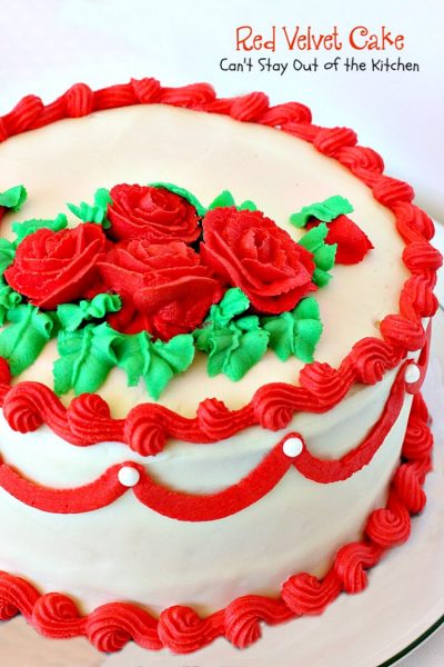 Red Velvet Cake | Can't Stay Out of the Kitchen | our favorite #RedVelvetCake recipe. This one has a luscious #creamcheese icing. Fabulous for anniversaries, #holidays or #Valentine'sDay. #cake #dessert #chocolate