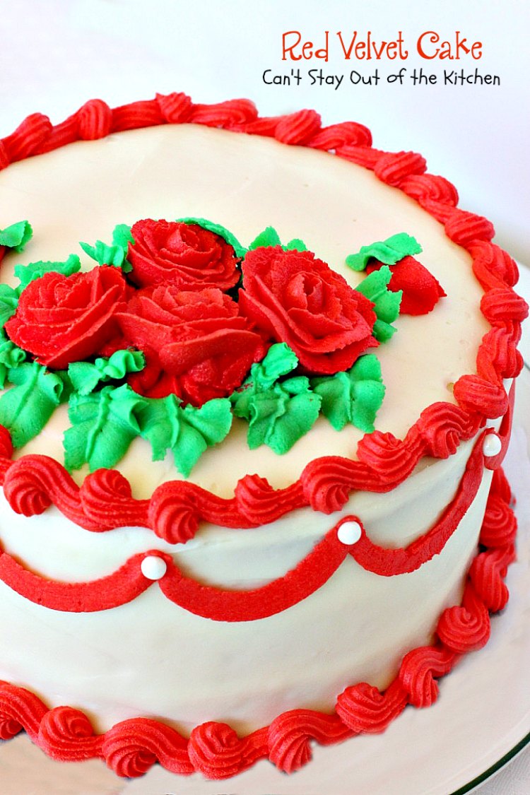 Red Velvet Cake | Can't Stay Out of the Kitchen | our favorite #RedVelvetCake recipe. This one has a luscious #creamcheese icing. Fabulous for anniversaries, #holidays or #Valentine'sDay. #cake #dessert #chocolate