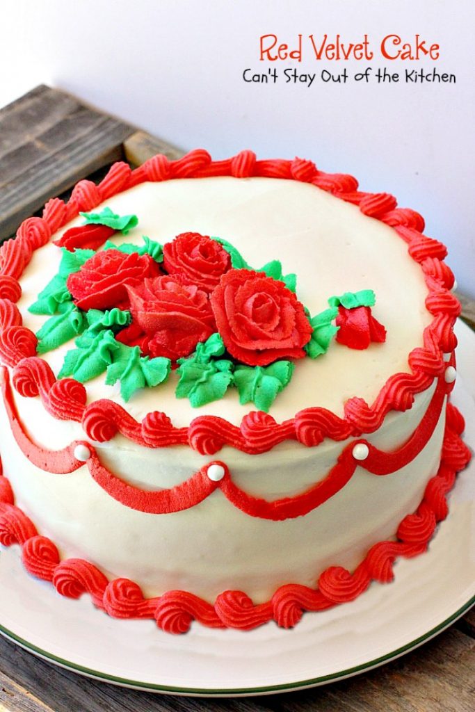 Red Velvet Cake | Can't Stay Out of the Kitchen | our favorite #RedVelvetCake recipe. This one has a luscious #creamcheese icing. Fabulous for anniversaries, #holidays or #Valentine'sDay. #cake #dessert #chocolate