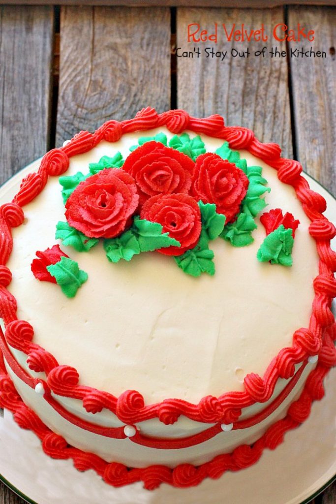 Red Velvet Cake | Can't Stay Out of the Kitchen | our favorite #RedVelvetCake recipe. This one has a luscious #creamcheese icing. Fabulous for anniversaries, #holidays or #Valentine'sDay. #cake #dessert #chocolate
