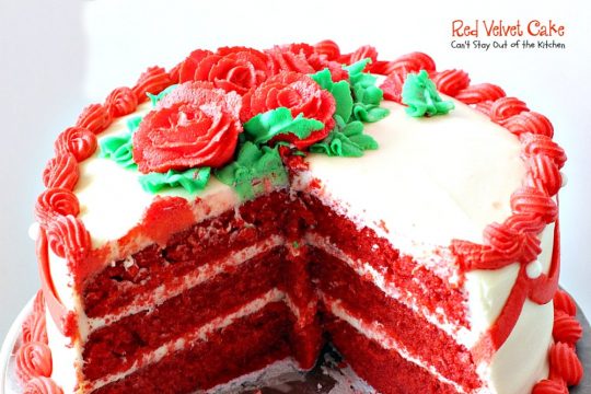 Red Velvet Cake | Can't Stay Out of the Kitchen | our favorite #RedVelvetCake recipe. This one has a luscious #creamcheese icing. Fabulous for anniversaries, #holidays or #Valentine'sDay. #cake #dessert #chocolate
