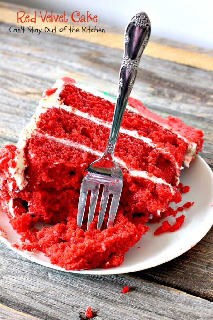 Red Velvet Cake | Can't Stay Out of the Kitchen | our favorite #RedVelvetCake recipe. This one has a luscious #creamcheese icing. Fabulous for anniversaries, #holidays or #Valentine'sDay. #cake #dessert #chocolate