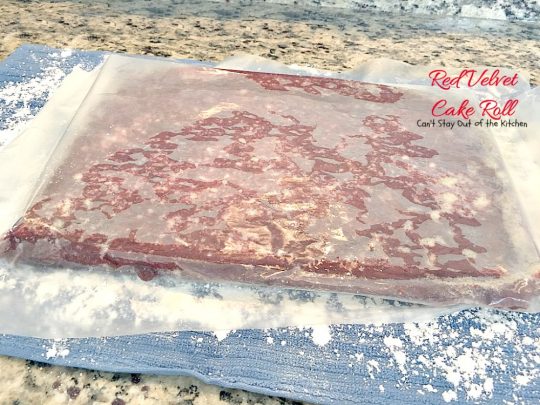 Red Velvet Cake Roll | Can't Stay Out of the Kitchen | spectacular #PaulaDeen recipe to die for! #RedVelvet #cake has a fantastic #whitechocolate #cheesecake filling. Great for the #holidays, anniversaries or #Valentine'sDay. #dessert #chocolate
