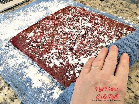 Red Velvet Cake Roll | Can't Stay Out of the Kitchen | spectacular #PaulaDeen recipe to die for! #RedVelvet #cake has a fantastic #whitechocolate #cheesecake filling. Great for the #holidays, anniversaries or #Valentine'sDay. #dessert #chocolate