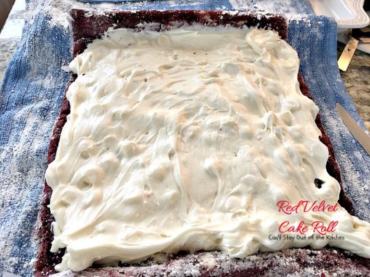 Red Velvet Cake Roll | Can't Stay Out of the Kitchen | spectacular #PaulaDeen recipe to die for! #RedVelvet #cake has a fantastic #whitechocolate #cheesecake filling. Great for the #holidays, anniversaries or #Valentine'sDay. #dessert #chocolate