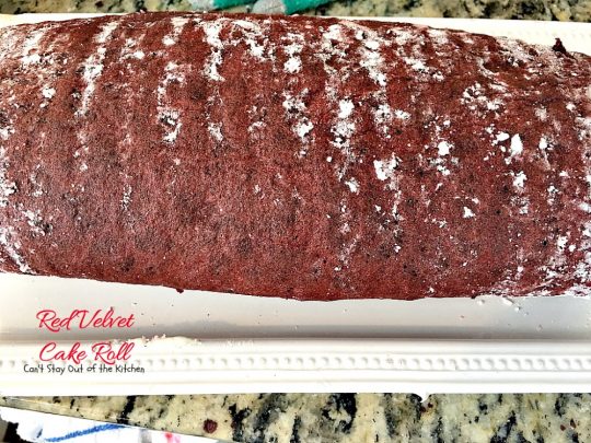 Red Velvet Cake Roll | Can't Stay Out of the Kitchen | spectacular #PaulaDeen recipe to die for! #RedVelvet #cake has a fantastic #whitechocolate #cheesecake filling. Great for the #holidays, anniversaries or #Valentine'sDay. #dessert #chocolate