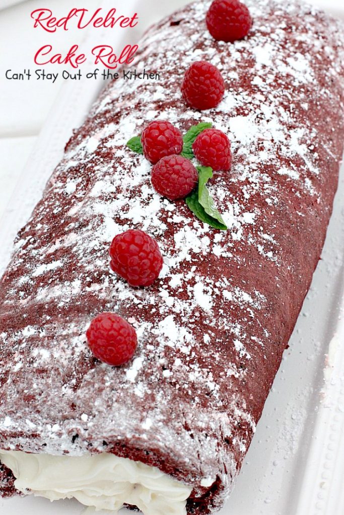 Red Velvet Cake Roll | Can't Stay Out of the Kitchen | spectacular #PaulaDeen recipe to die for! #RedVelvet #cake has a fantastic #whitechocolate #cheesecake filling. Great for the #holidays, anniversaries or #Valentine'sDay. #dessert #chocolate