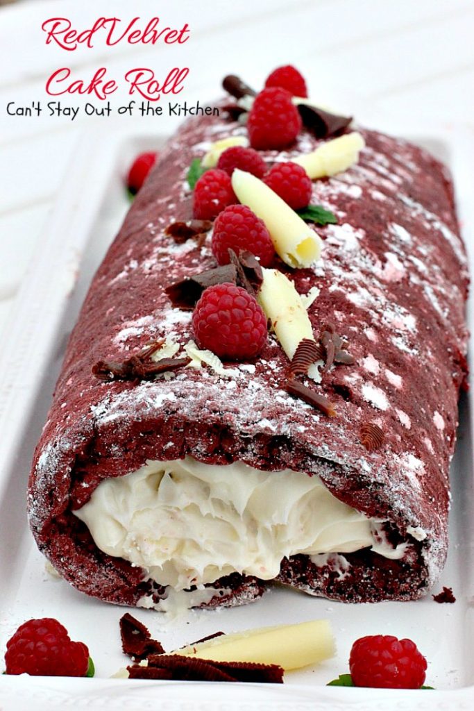 Red Velvet Cake Roll | Can't Stay Out of the Kitchen | spectacular #PaulaDeen recipe to die for! #RedVelvet #cake has a fantastic #whitechocolate #cheesecake filling. Great for the #holidays, anniversaries or #Valentine'sDay. #dessert #chocolate