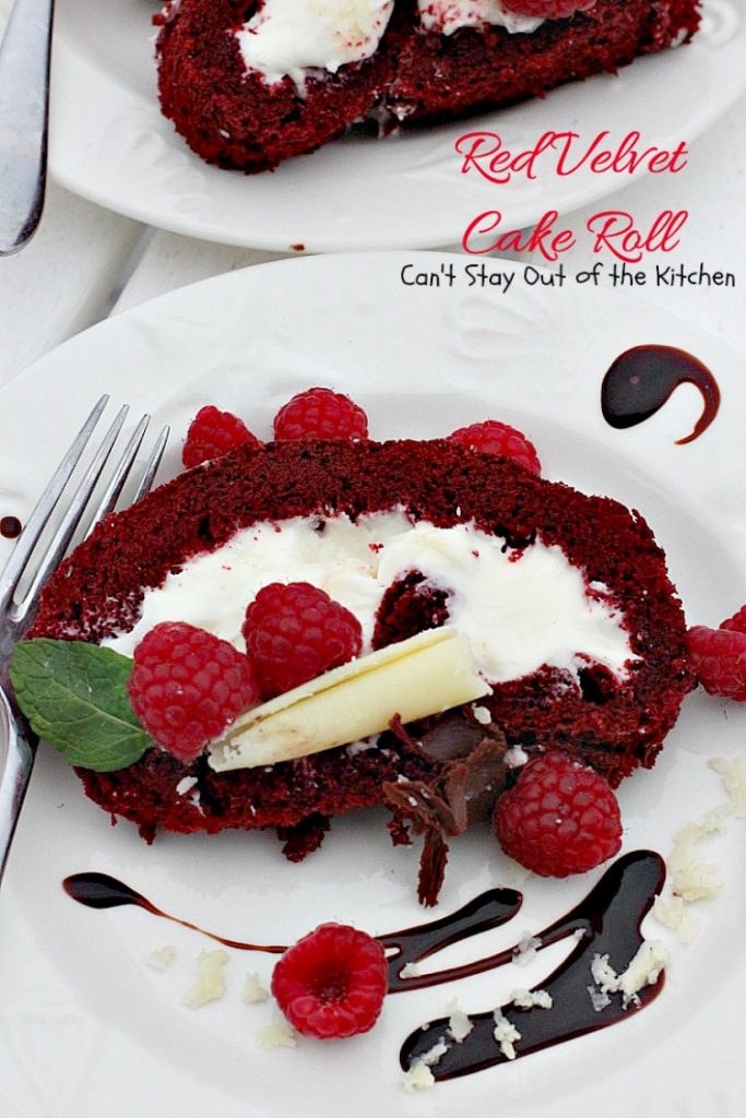 Red Velvet Cake Roll | Can't Stay Out of the Kitchen | spectacular #PaulaDeen recipe to die for! #RedVelvet #cake has a fantastic #whitechocolate #cheesecake filling. Great for the #holidays, anniversaries or #Valentine'sDay. #dessert #chocolate