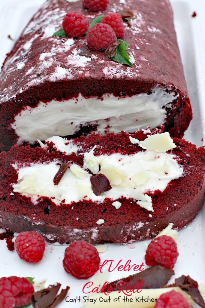 Red Velvet Cake Roll | Can't Stay Out of the Kitchen | spectacular #PaulaDeen recipe to die for! #RedVelvet #cake has a fantastic #whitechocolate #cheesecake filling. Great for the #holidays, anniversaries or #Valentine'sDay. #dessert #chocolate