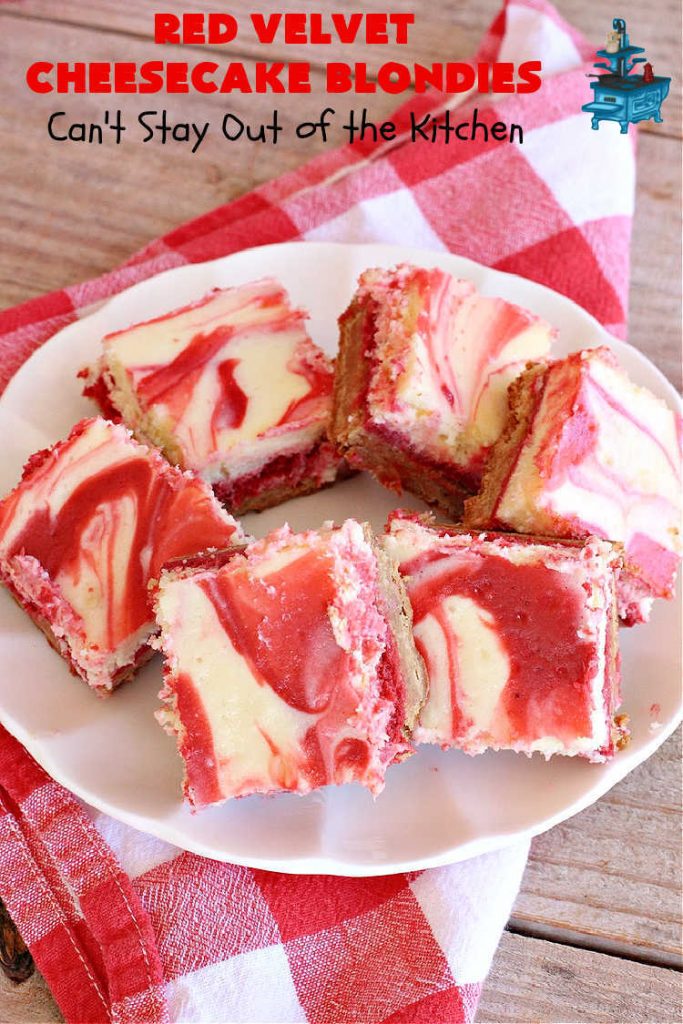 Red Velvet Cheesecake Blondies | Can't Stay Out of the Kitchen | these #RedVelvet #Brownies are so irresistible. The #Cheesecake layer is so mouthwatering. The combination of flavors is rich, decadent & heavenly. Terrific #dessert for #ValentinesDay, #MothersDay, birthdays, special occasions or #potlucks. #RedVelvetCheesecaakeBrownies #RedVelvetCheesecakeBlondies #holiday #RedVelvetDessert #HolidayDessert #ChocolateDessert
